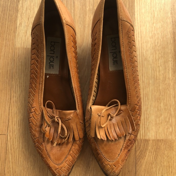 Bonjour Brown Fringed Basket Weave Kitten Heels - Picture 2 of 6